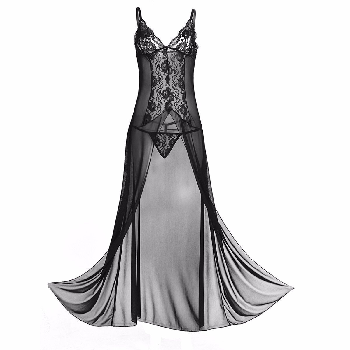 3127 Sheer Lace Lingerie Deep V Neck Long Gowns Dress With G String Set